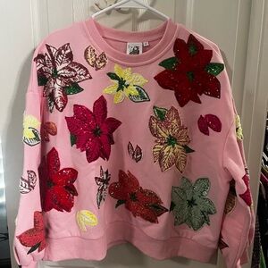 QUEEN OF SPARKLES Pink poinsettias with Sequin Sweatshirt